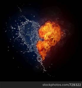 Heart in Fire and Water Isolated on Black Background. Computer Graphics.