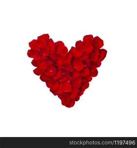 Heart made from red rose petals isolated on white background . Top view, flat lay.. Heart made from red rose petals isolated on white background .