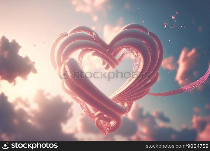 Heart made of weaven ribbons on a sky with clouds romantic background. Valentine’s day tender backdrop. Generative AI.. Heart made of weaven ribbons on a sky with clouds romantic background. Valentine’s day tender backdrop. Generative AI