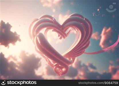 Heart made of weaven ribbons on a sky with clouds romantic background. Valentine’s day tender backdrop. Generative AI.. Heart made of weaven ribbons on a sky with clouds romantic background. Valentine’s day tender backdrop. Generative AI