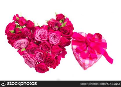 heart of fresh roses buds with gift box isolated on white background