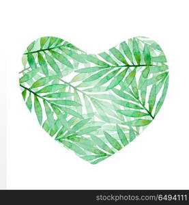 Heart of green watercolor palm branch on a white background. Hand drawn tropical background. Heart of green watercolor palm branch