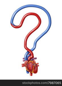 Heart questions as human anatomy for pumping blood shaped as a question mark as a symbol of health information and guidance for a healthy body isolated on white background as a medical health care icon of an inner cardiovascular organ.