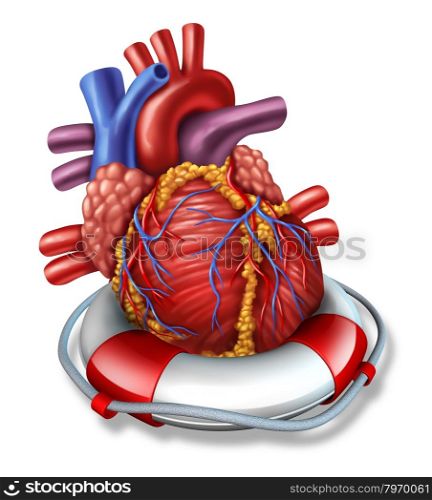 Heart rescue medical health care concept with a human cardiovascular organ in a lifesaver or life belt as a symbol of emergency coronary surgery or therapy before a stroke or heart attack on a white background.