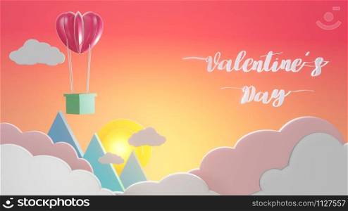 Heart shape balloon floating over mountain while sunset behide with cloud, valentine text levitate on orange and pink background. Concept for valentine. 3D rendering.