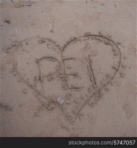 Heart shape drawn on the beach, Victoria Provincial Park, Prince Edward Island, Canada