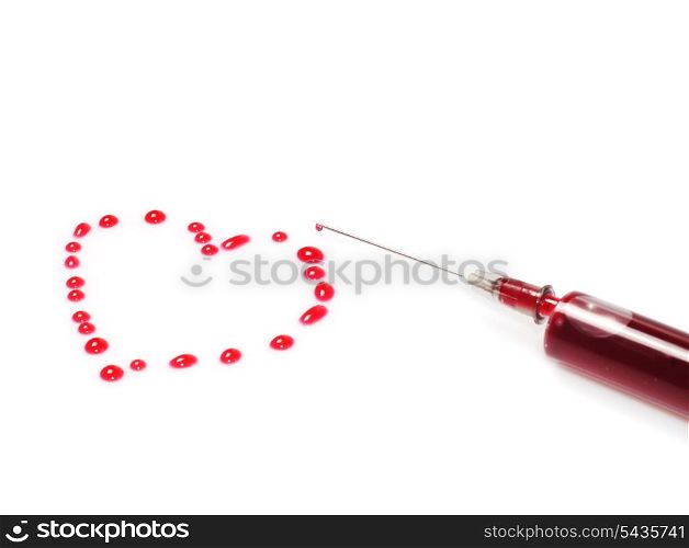 Heart shape from drops of red liquid in syringe isolated on white background