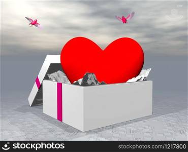 Heart shape in a gift box and two birds flying around. Love as a gift - 3D render