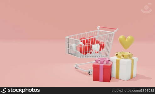 heart shape in Shopping cart and cute gift boxes beside ,3d rendering for valentine day. 3D illustration, Valentine day shopping concept.