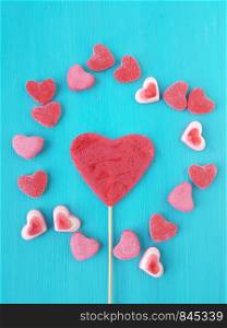 Heart shape lollipop and jelly candies