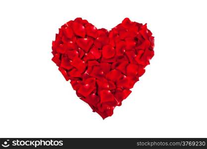 Heart shape made out of rose petals isolated on white