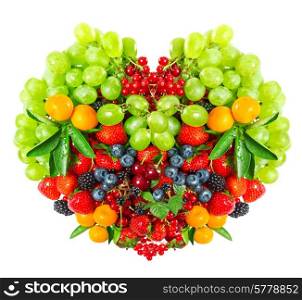 heart shape of mixed berries and fruits isolated on white. food background