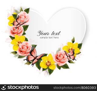 Heart shaped banner with roses and yellow orchids. Vector.