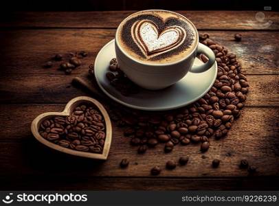 Heart shaped coffee beans and cup of latte on wooden illustration. AI generative.