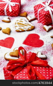 Heart shaped cookies for valentine's day on bright red background