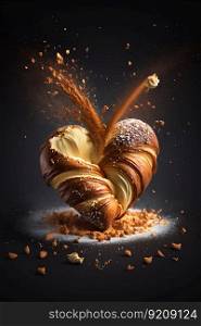 Heart Shaped Croissant Explosion Splash. Generative ai. High quality illustration. Heart Shaped Croissant Explosion Splash. Generative ai
