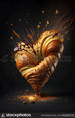 Heart Shaped Croissant Explosion Splash. Generative ai. High quality illustration. Heart Shaped Croissant Explosion Splash. Generative ai