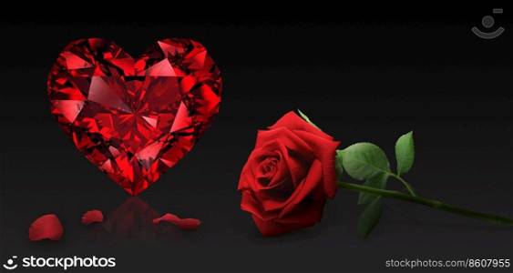  Heart shaped diamond, with valentine romantic red rose