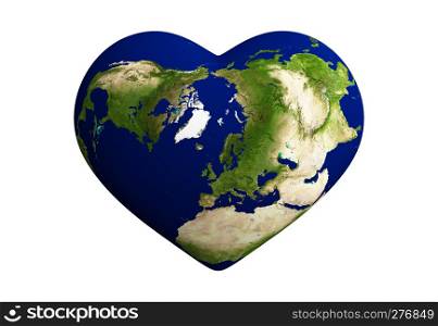 Heart shaped earth with world map isolated on white background. 3d abstract illustration. Elements of this image furnished by NASA