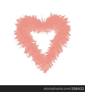 Heart shaped feathers toned in shade of Living Coral isolated on white. Heart shaped feathers toned in shade of Living Coral