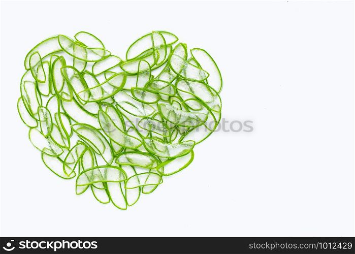 Heart shaped fresh slices of Aloe Vera, Aloe Vera is a popular medicinal plant for health and beauty, White background with copy space