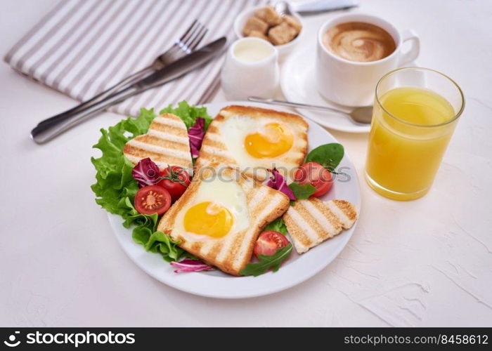 Heart shaped Fried Egg on Toast Bread and cup of fresh hot espresso coffee.. Heart shaped Fried Egg on Toast Bread and cup of fresh hot espresso coffee