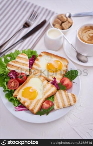 Heart shaped Fried Egg on Toast Bread and cup of fresh hot espresso coffee.. Heart shaped Fried Egg on Toast Bread and cup of fresh hot espresso coffee