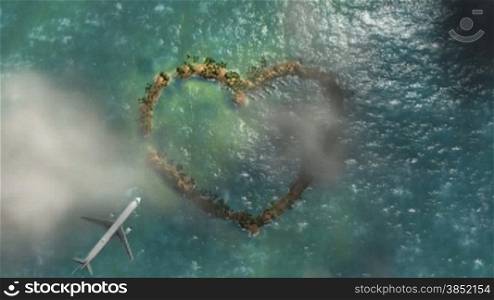 Heart shaped island and aircraft flying, travel background
