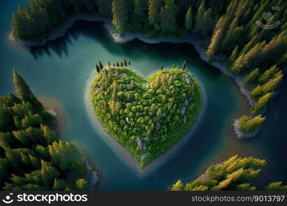 Heart shaped island in nordic forest landscape from aerial view. Heart shaped island in nordic forest landscape aerial view. Generatic AI.