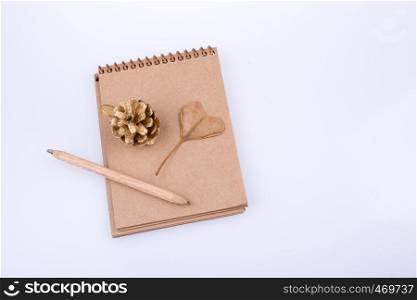 Heart shaped leaf, pine cone and a pencil on a notebook on a white background
