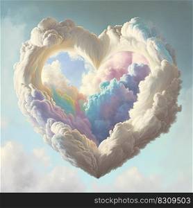 Heart shaped pastel cloud on blue sky background. Love symbol, wedding, dreams, Valentines Day concept AI. Heart shaped cloud in sky. Love, dreams, Valentine concept. AI
