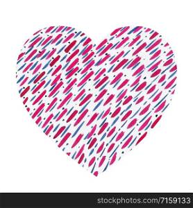 Heart shaped pattern with brush prints. Watercolor abstract background with repeating diagonal stripes and strokes of red, blue and pink colors with blue dots on a white background.. Heart shaped pattern with brush prints.