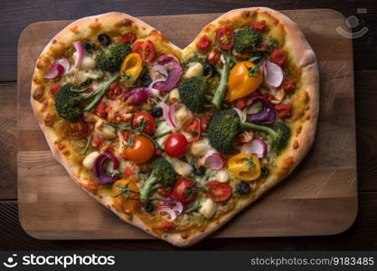 heart-shaped pizza, topped with creative and quirky ingredients, such as fried chicken or roasted vegetables, created with generative ai. heart-shaped pizza, topped with creative and quirky ingredients, such as fried chicken or roasted vegetables