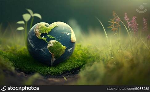 heart shaped planet on green meadow for earth day