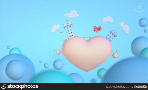 Heart-shaped planet with houses in a cartoon world. 3d illustration. Little cozy world of childhood