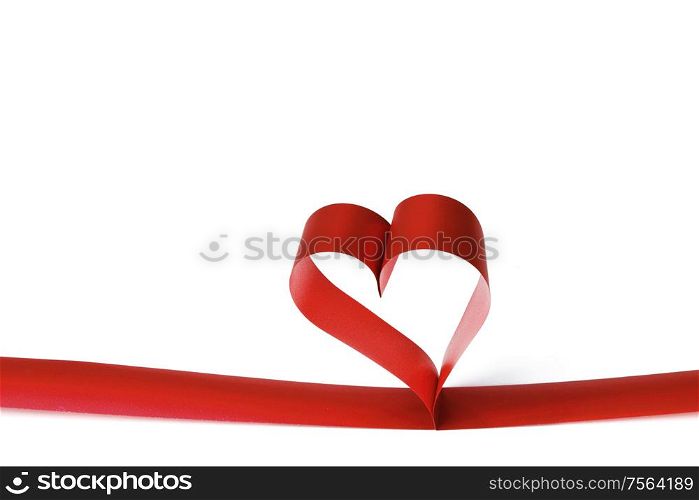 Heart shaped red ribbon isolated on white background. Heart shaped red ribbon