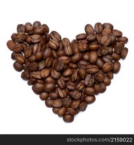 Heart shaped roasted coffee beans isolated on white background.. Heart shaped roasted coffee beans isolated on white background