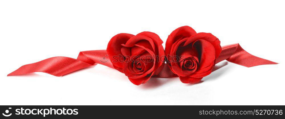 Heart shaped roses. Two heart shaped red roses and ribbons isolated on white background, Valentines day