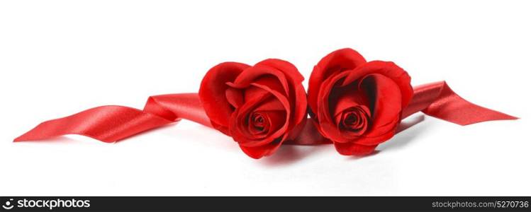 Heart shaped roses. Two heart shaped red roses and ribbons isolated on white background, Valentines day