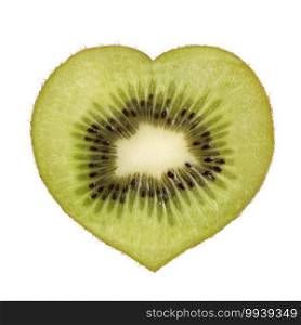 Heart shaped slice of green kiwi fruit isolated on white background 