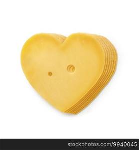 Heart shaped slices of  Dutch Gouda cheese close up close up isolated on white background