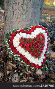 heart shaped sympathy floral arrangement with red and white roses