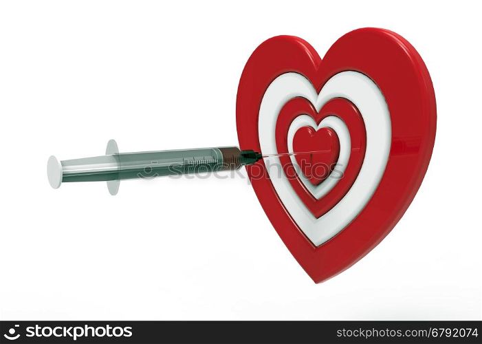 Heart shaped target and syringe, 3D rendering, on the white background