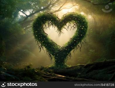 Heart shaped tree in the forest with misty background. Love concept.