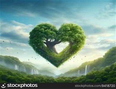 Heart shaped tree in the green forest. 3D render illustration.
