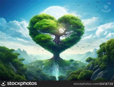 Heart shaped tree in the green forest. 3d render illustration.