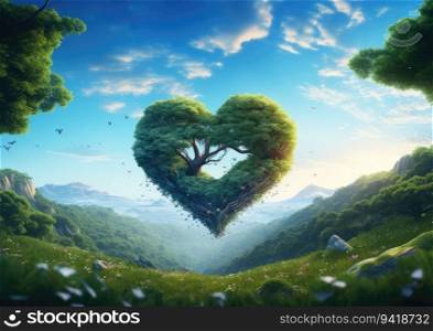 Heart shaped tree on green meadow and blue sky background. 3D rendering