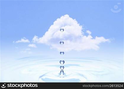 Heart shaped water droplet falling into water in the sky