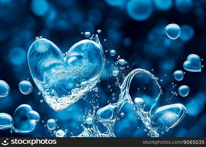 Heart-shaped water stream with bubbles, drops, splashes. Valentine’s day concept. Generative AI.. Heart-shaped water stream with bubbles, drops, splashes. Valentine’s day concept. Generative AI
