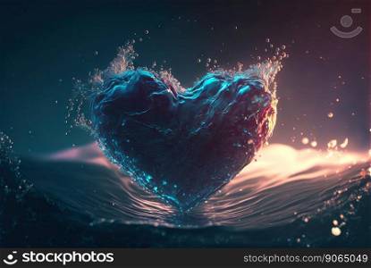 Heart-shaped water stream with bubbles, drops, splashes. Valentine’s day concept. Generative AI.. Heart-shaped water stream with bubbles, drops, splashes. Valentine’s day concept. Generative AI